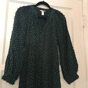 H&M String Textured Teal Green Balloon Sleeve Dress